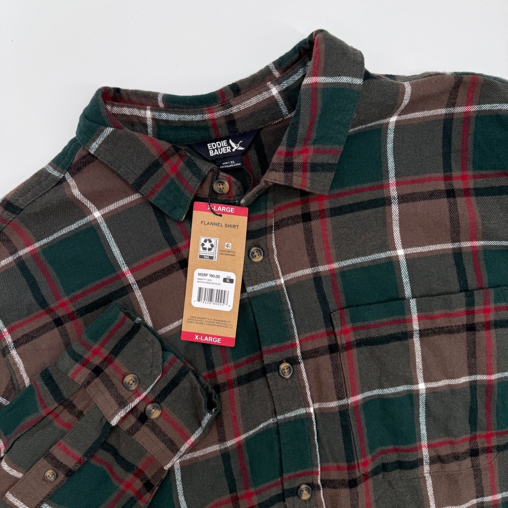 Eddie Bauer Mens Flannel Shirt XL Extra Large Mocha Overland Plaid Button‎ Up